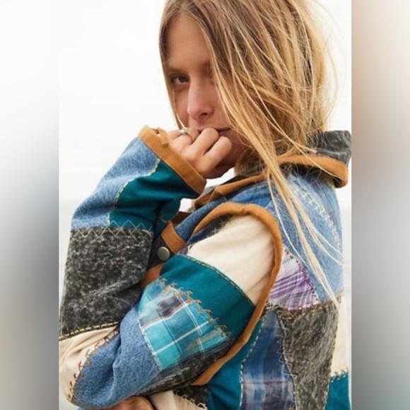 Free People Leia Denim Patchwork Moto Jacket NEW - Picture 2 of 16